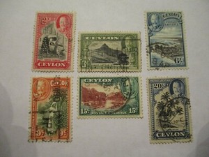 Six 1912-1935 Ceylon Stamps - 2, 3, 6, 9, 15, 20 Denomination