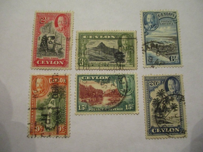 Six 1912-1935 Ceylon Stamps - 2, 3, 6, 9, 15, 20 Denomination