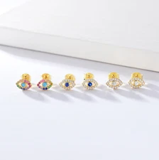 925 Genuine Sterling Silver Gold Evil Eye Mati Nazar CZ Stud Earrings Gift H4