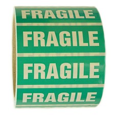 Green and White "Fragile" Sticker Label - 1" by 3" - 500 ct