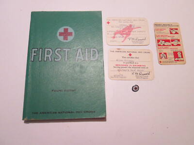 Lot Vtg American Red Cross Items First Aid Book Swimming/Water Safety Cards Pin 