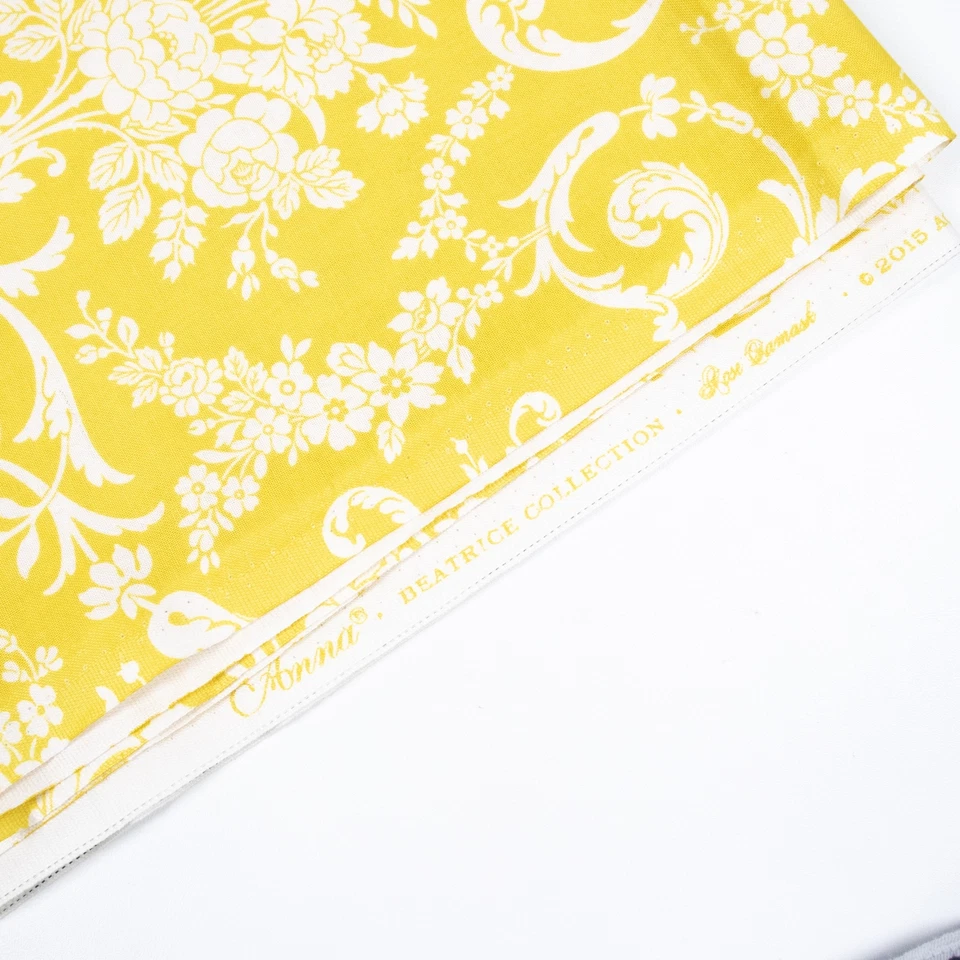 Tela acolchada de algodón Anna Beatrice BTHY amarillo blanco floral rosa damasco Foto 3 de 3