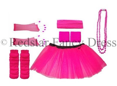 NEON PINK TUTU SKIRT LEGWARMERS FISHNET GLOVES HEAD WRISTBANDS HEN PARTY 8-26 UK - Afbeelding 1 van 10