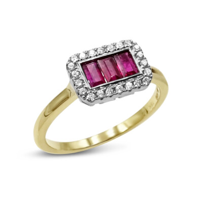 Gold Diamant Ring - 18kt Gold Rubin Diamant Ring Damen Cluster Baguette Steine
