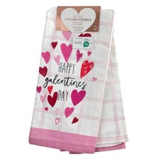 NEW Envogue Valentines Day Kitchen Towels 100 Cotton S/2 White Pink Hearts