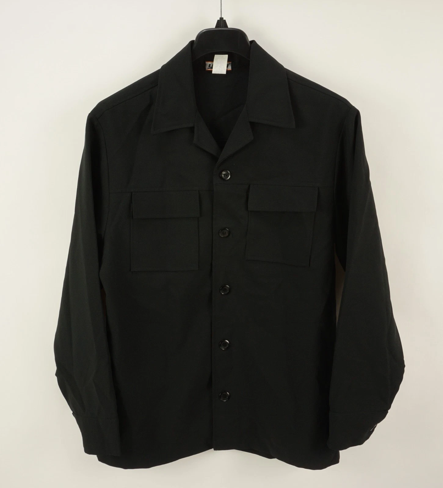 Vintage 1980s YMLA Open Collar Camp Shirt Jacket Mens Medium Black Woven Stretch