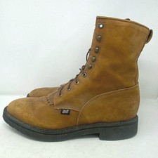 JUSTIN 760 Conductor Mens 14 D Leather Work Boots Lace Up Lacer USA Made Brown