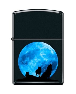 Original SCHWARZ MATT ZIPPO Feuerzeug 207 WÖLFE WOLF HEULEN BLAU MOND BACK DROP