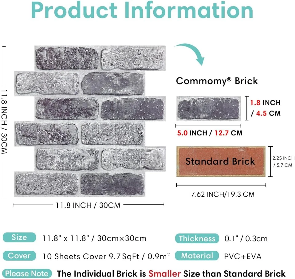 10 Pezzi Mattoni Adesivi Murali 3D Pannelli Da Parete 3D Finto Mattone, 30 X 30 - Immagine 4 di 4
