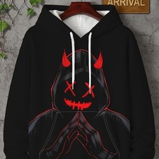 Men's devil-patterned hoodie with drawstring and kangaroo pocket - stimulating
