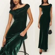 Reformation Elvie Velvet Maxi Dress Forest Green Off Shoulder Size 4