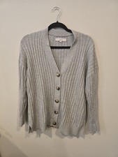 LOFT Women  s M Gray Rib-Knit V-Neck Button Front Stretch Cardigan Sweater