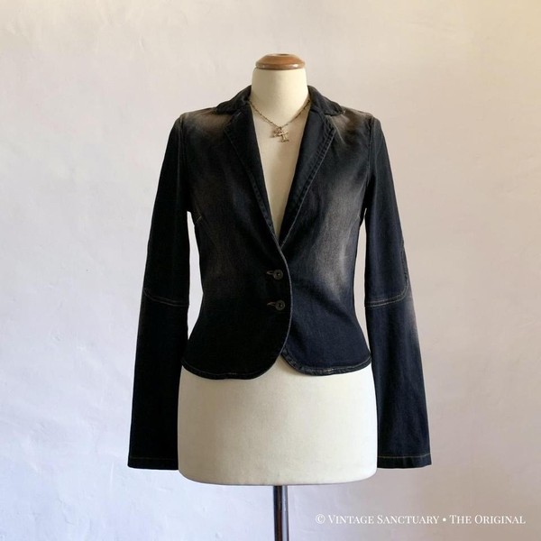 Guess Y2K Black Denim Blazer Jacket Fitted Stretch XS Vintage Women