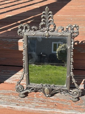 Vintage Vanity Mirror Silver TableTop Art Nouveau Style Ornate Metal Frame