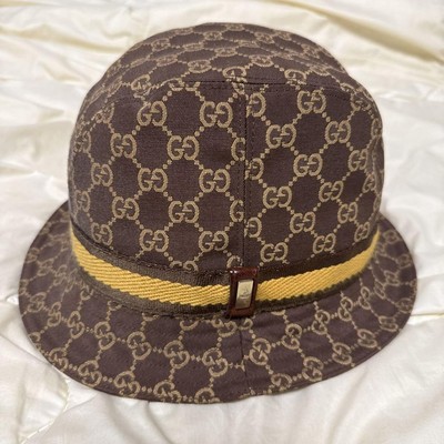 Authentic GUCCI GG Bucket Hat L Size Brown Yellow Strap 58  display picture 1