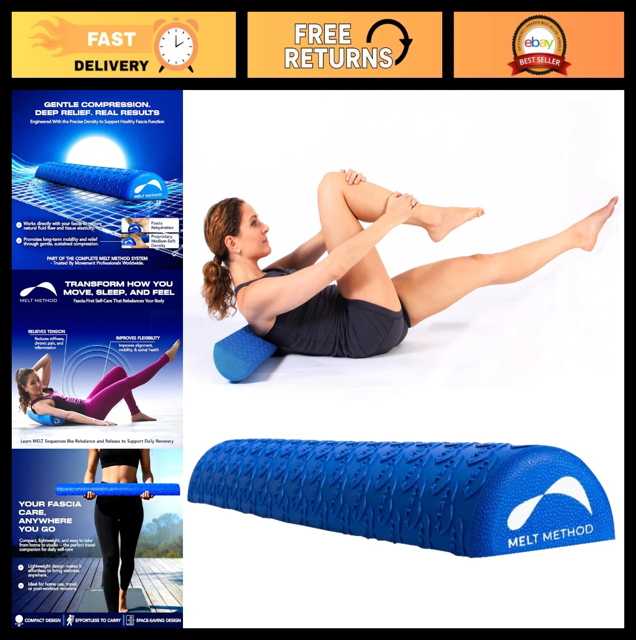 36" Half Foam Roller for Back - Low Density Soft Foam for Therapy & Pilates - Fa