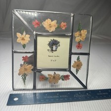 VTG Pressed Flower Metal Leaded Glass Picture Frame Vintage 3x3