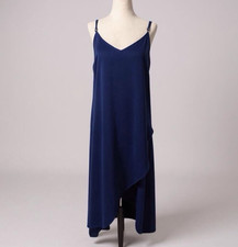 Lulus NAVY BLUE SMALL Spaghetti Strap Double V Neck High Low Hem Maxi Dress