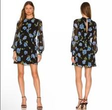 Free People Women's Black Dress Blue Roses Lace-up sides L/S Size M  Lightweight