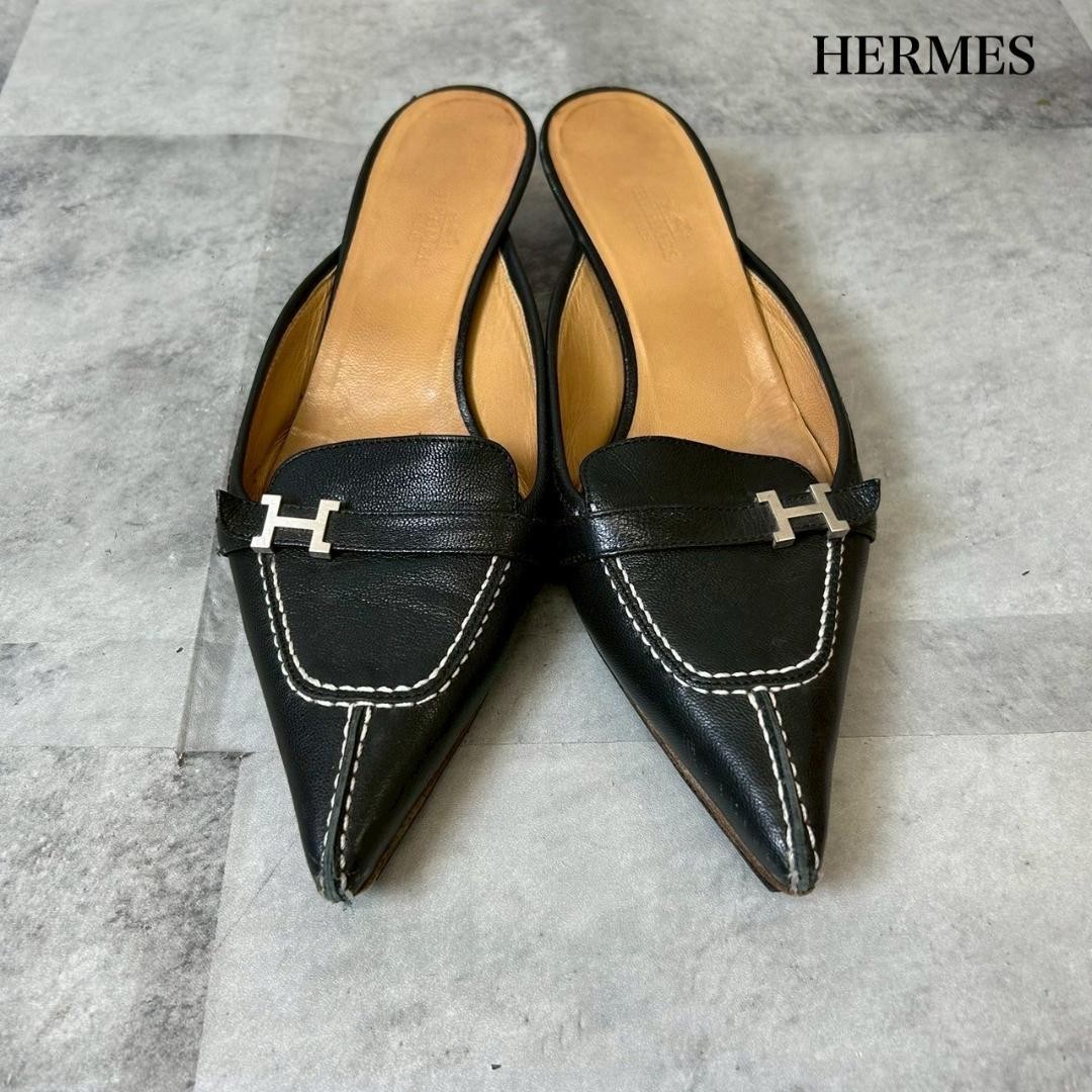 HERMES Shoes Sandals Pumps Heel H Logo EU 37 US 7 Leather Black Authentic