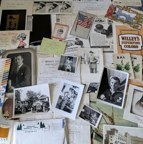 Masculine Ephemera Lot Photos Invoices Sports Ads Patriotic Junk Journal Crafts