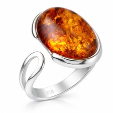 Sterling Silver Baltic Honey Amber Oval Adjustable Ring - Genuine Natural Amber