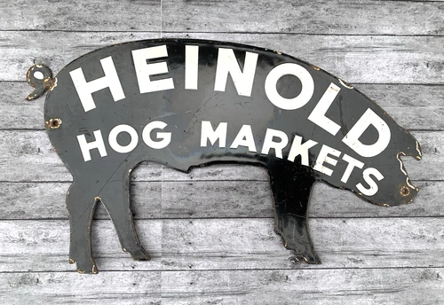 VINTAGE 12x7" HEINOLD HOG MARKETS PIGS GAS PUMP STATION PORCELAIN MOTOR OIL SIGN