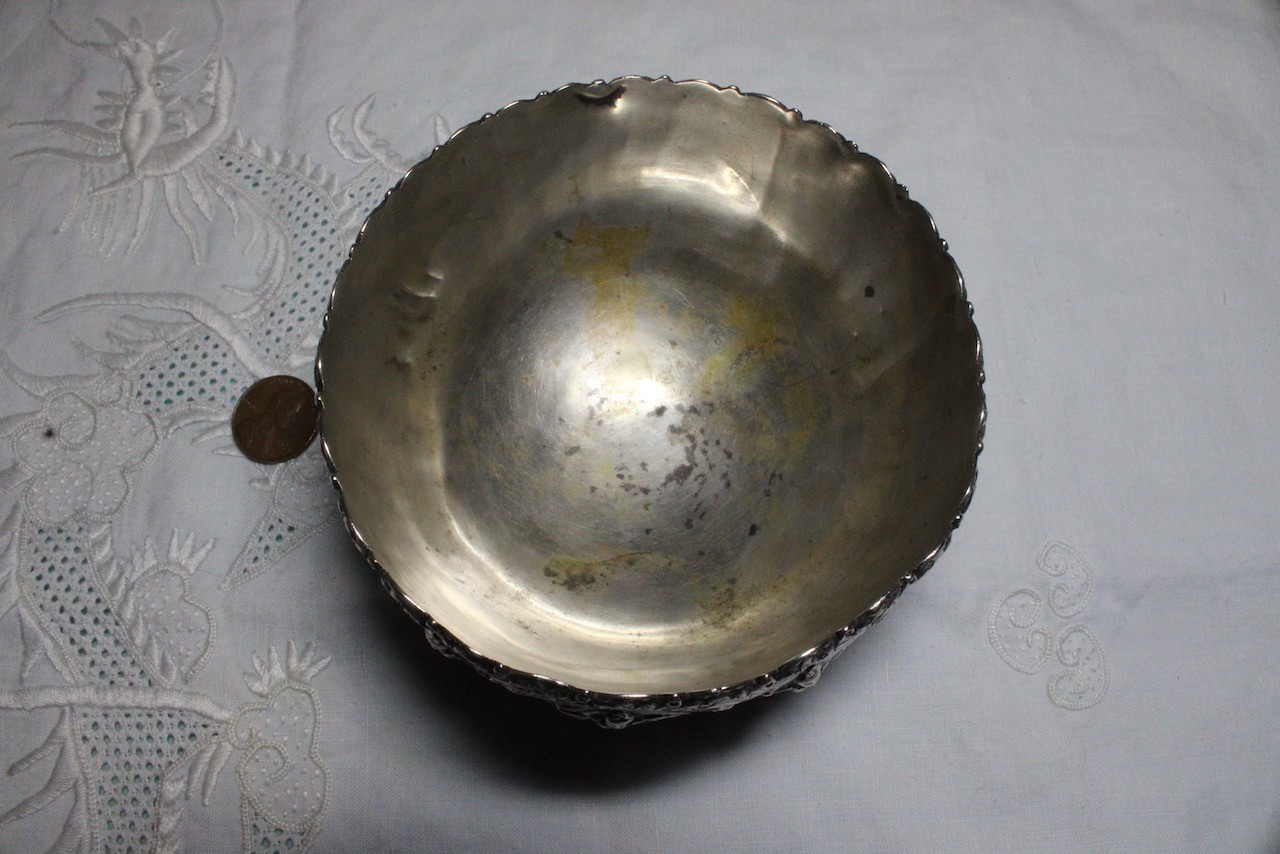 Antique Silver Repousse Burma, Sri Lanka? Hindu Buddhist Dancers Offering Bowl