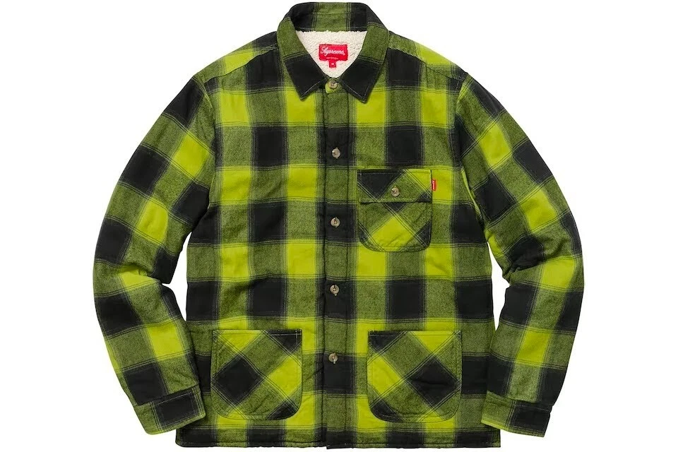 Supreme Buffalo Plaid Sherpa Lined Chore Shirt Pea Green Yellow Medium M New NWT