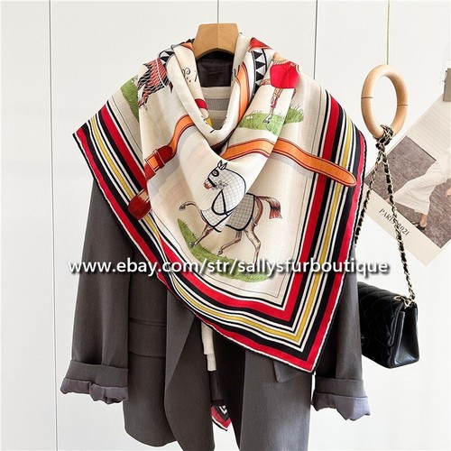 Sallys 70% Cashmere & 30% Silk Stole Horses Print Double Face Scarf Shawl 53" - Picture 3 of 10