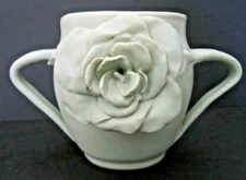 Art Pottery Vase Pale Green Matte Applied Flower Rose Handles signed