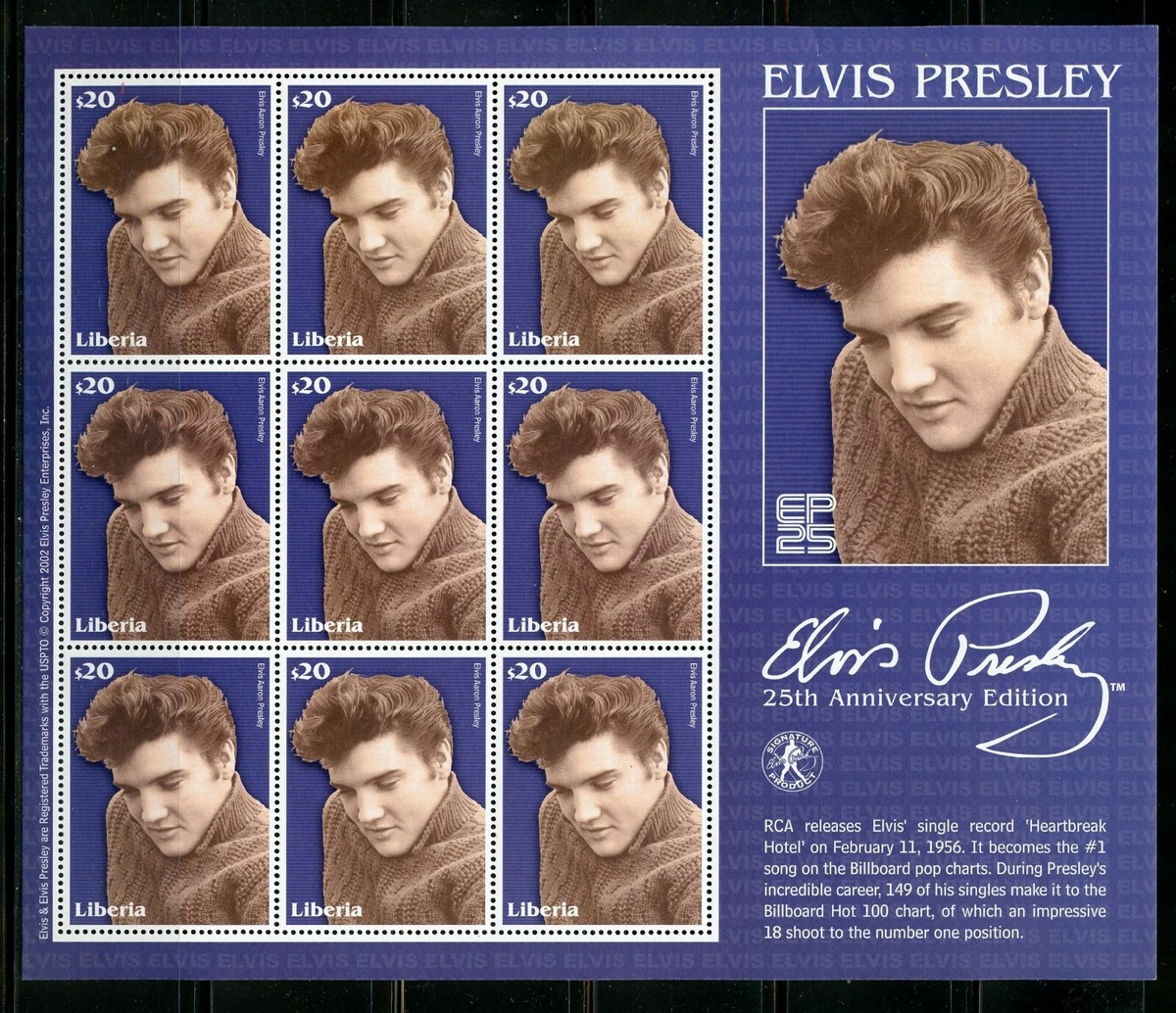 LIBERIA 25th MEMORIAL ANNIVERSARY ELVIS PRESLEY SHEET OF NINE MINT