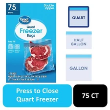 Great Value Freezer Guard Double Zipper Freezer Bags, Quart, 75 Count
