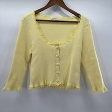 For Love and Lemons Sweater Womens Large Yellow Cardigan Ribbed Crop Lace Preppy