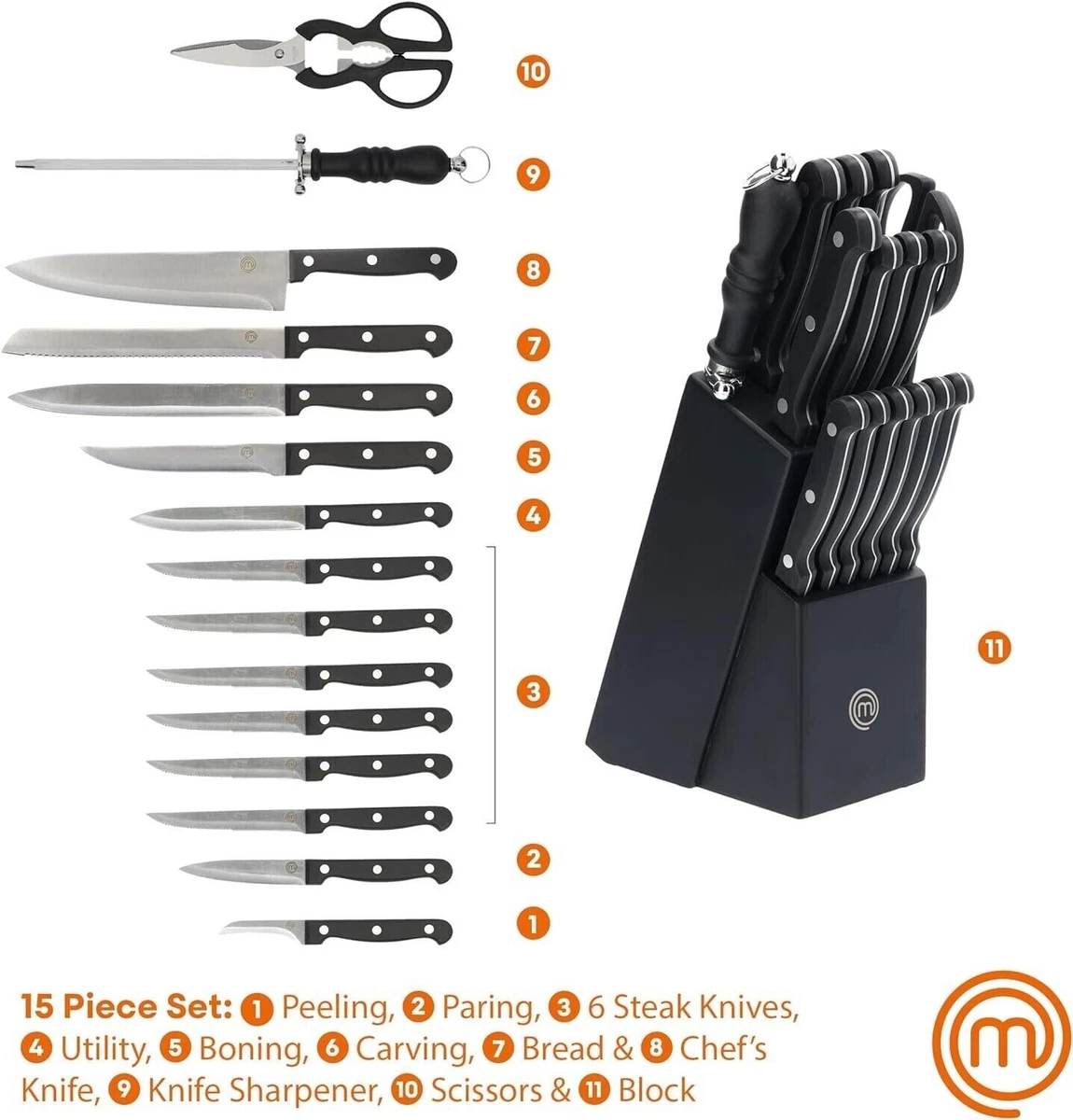 Masterchef 15-Piece Knife Set Plus Knife Block, Black