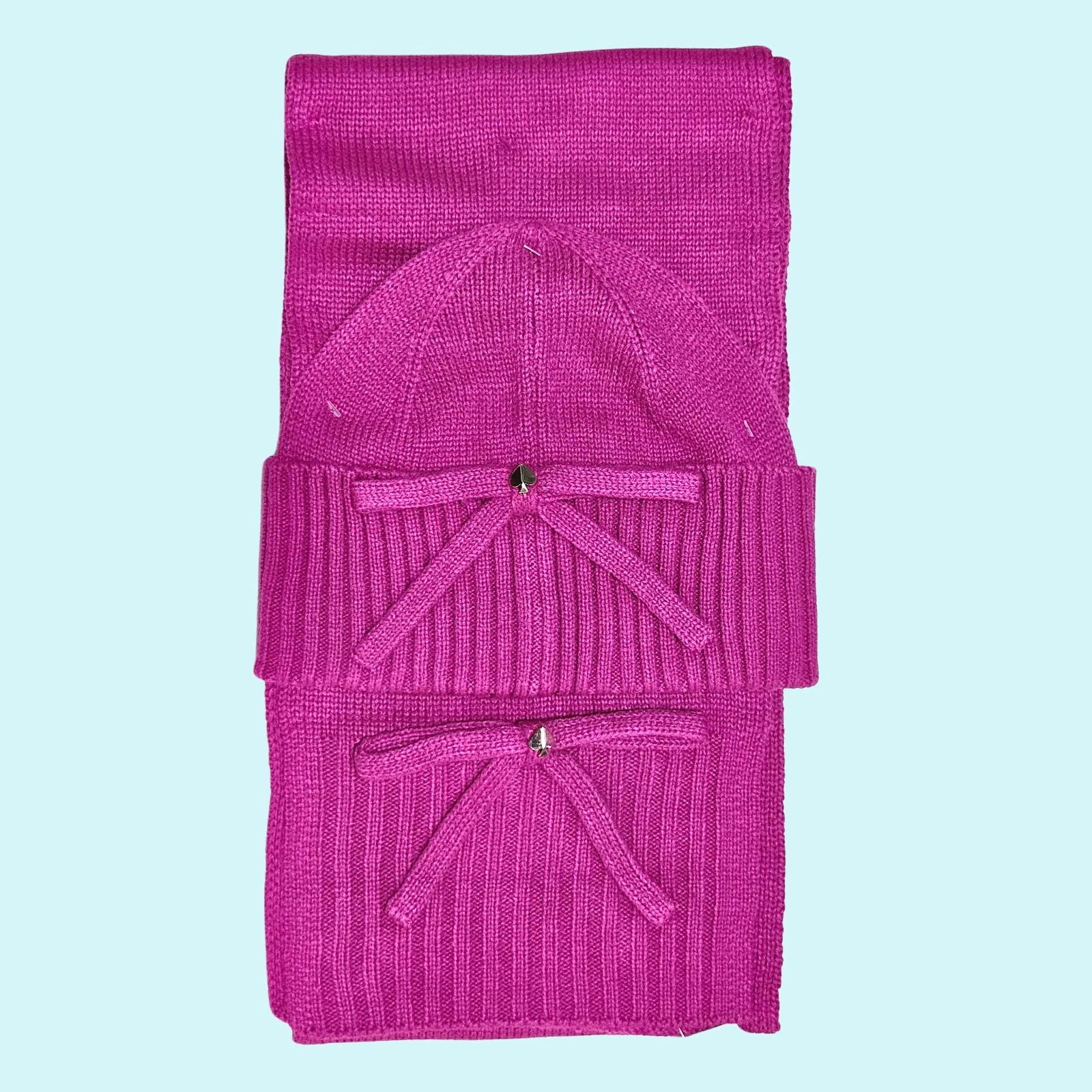 Kate Spade Beanie Hat & Scarf Set Marker Pink Bow Knit Barbiecore Outdoor Gift