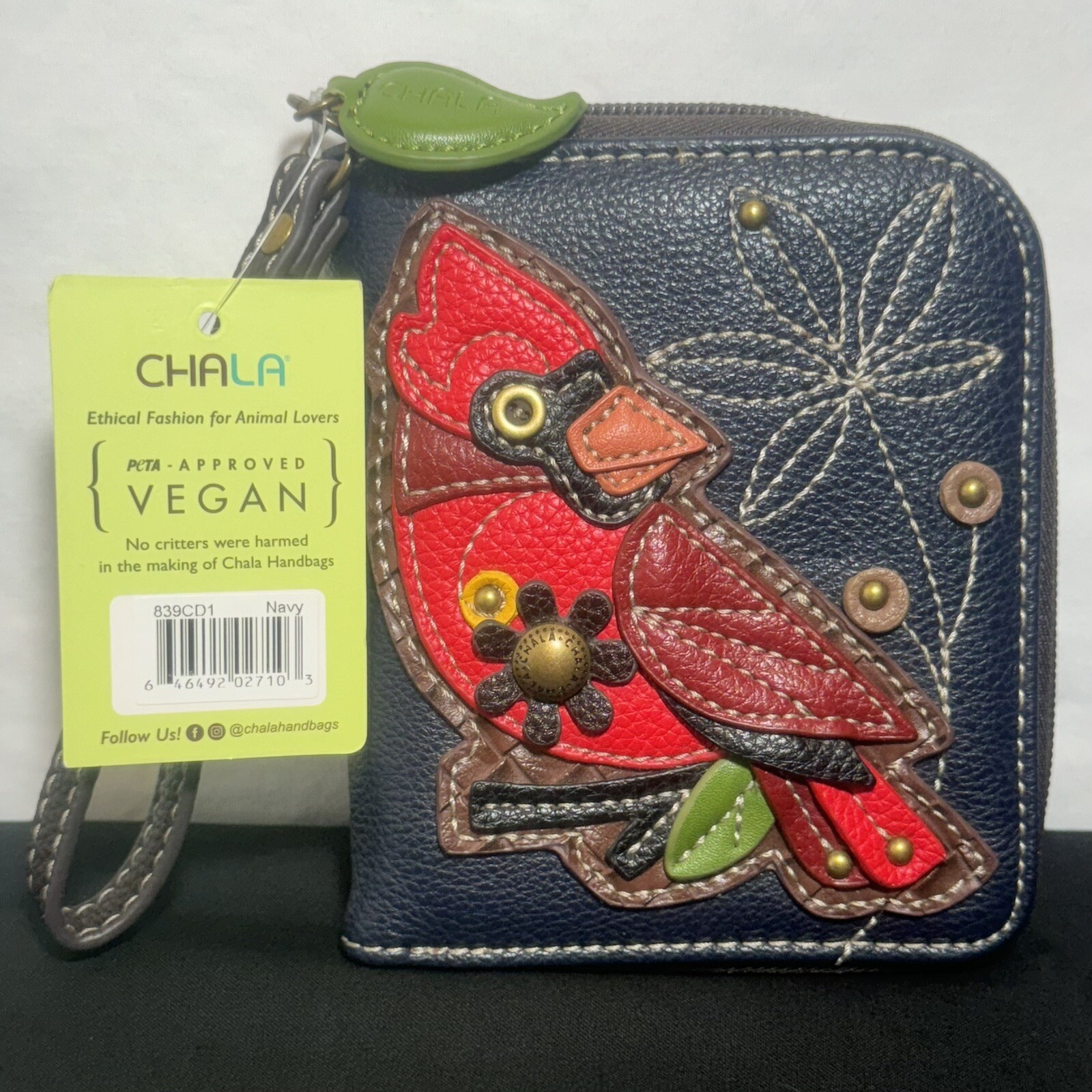 Cardinal Bird Navy Vegan Faux Leather Zip Wallet New With Tags