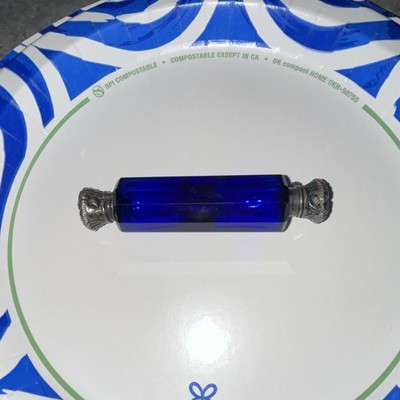 Cobalt Blue Decorative Glass Perfume Bottle w/ Ornate Metal Ends, Stopper