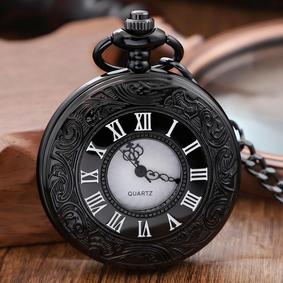 Realpoo Black Hollow Roman Covered Quartz Men's Pocket Watch,Roman CF ...