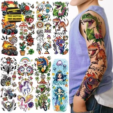 52 Pcs Temporary Tattoo for Kids Full Arm Mermaid Butterfly Cat Truck Dinosaur R