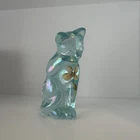 Fenton Aquamarine Grooming Cat Hand Painted & Signed W/ Original Sticker
