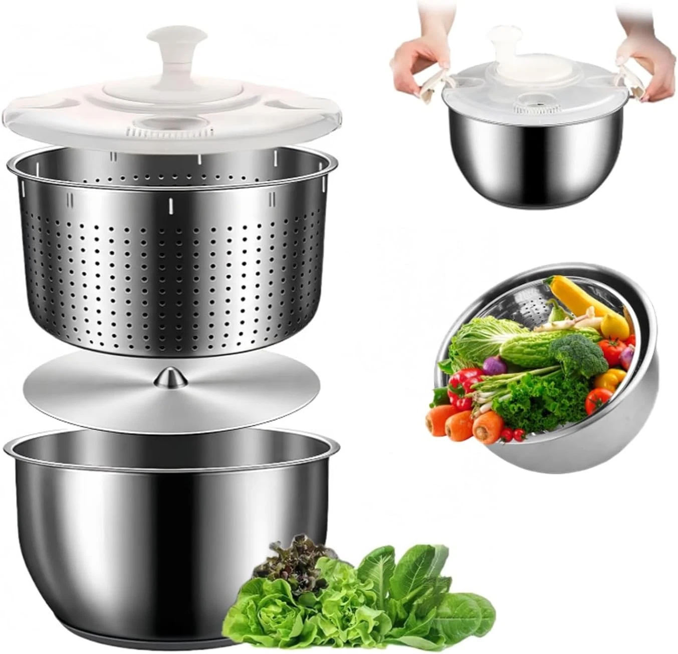 6L-Stainless Steel Salad Rotator Non-Slip Base Vegetable Dishwasher Multi-Use
