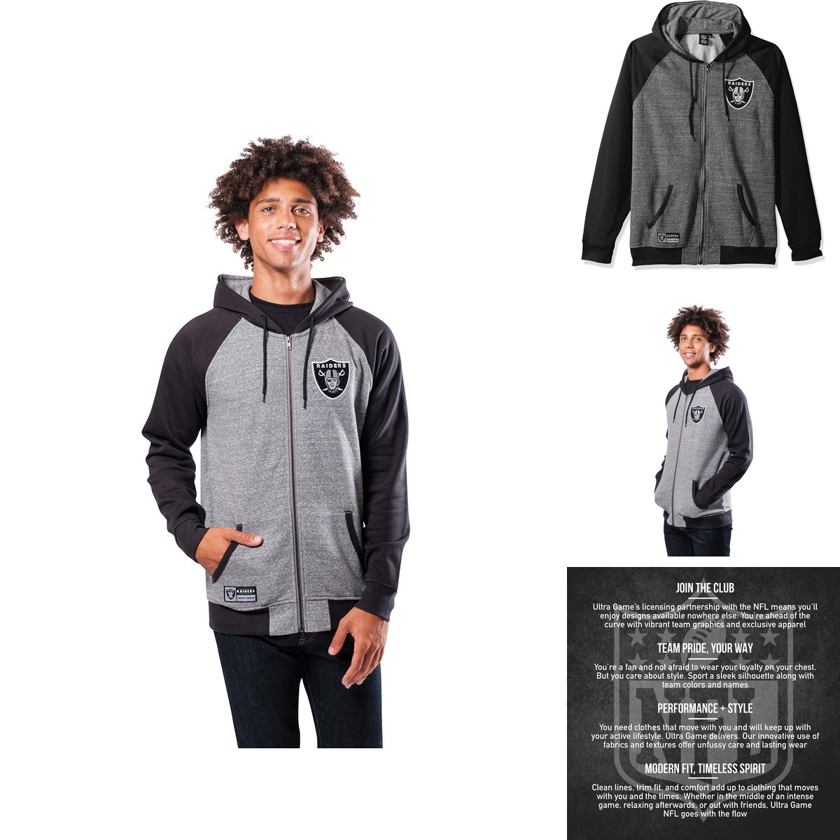 Ultra Game NFL Las Vegas Raiders Mens Full Zip Soft Fleece Raglan Hoodie, Team