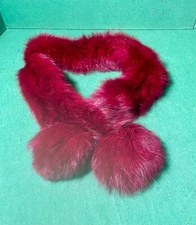 Dark Red genuine rabbit fur pull-through scarf with pom-poms