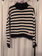 Tommy Hilfiger Jeans Navy White Striped Mocked Neck Long Sleeve Sweater Large