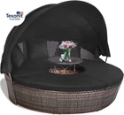 Patio round Daybed with Retractable Canopy, Outdoor Wicker Rattan Furniture Sets