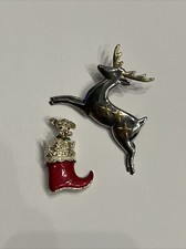 Vintage Christmas Brooch Lot Of Two Brooches Dog & Reindeer Holiday Jewelry