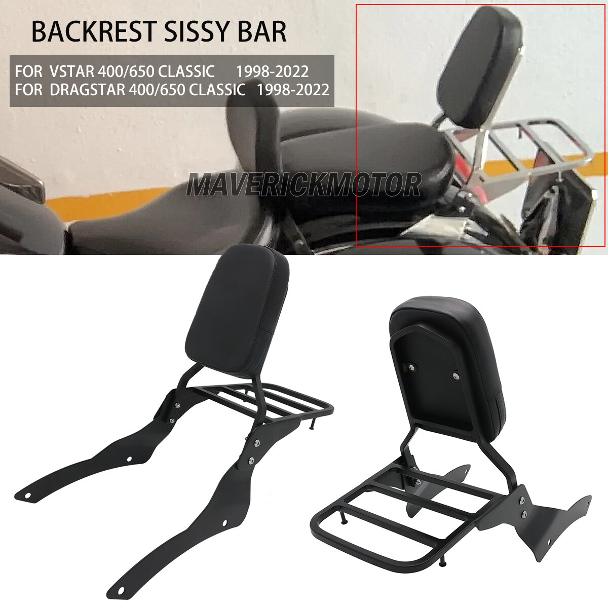 Backrest Sissy Bar + Luggage Rack For Yamaha V-Star XVS 400 650 