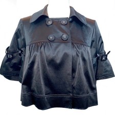 Elle Size M Black Satin Double Breasted 3.4 Flare Sleeves A-line Cropped Jacket
