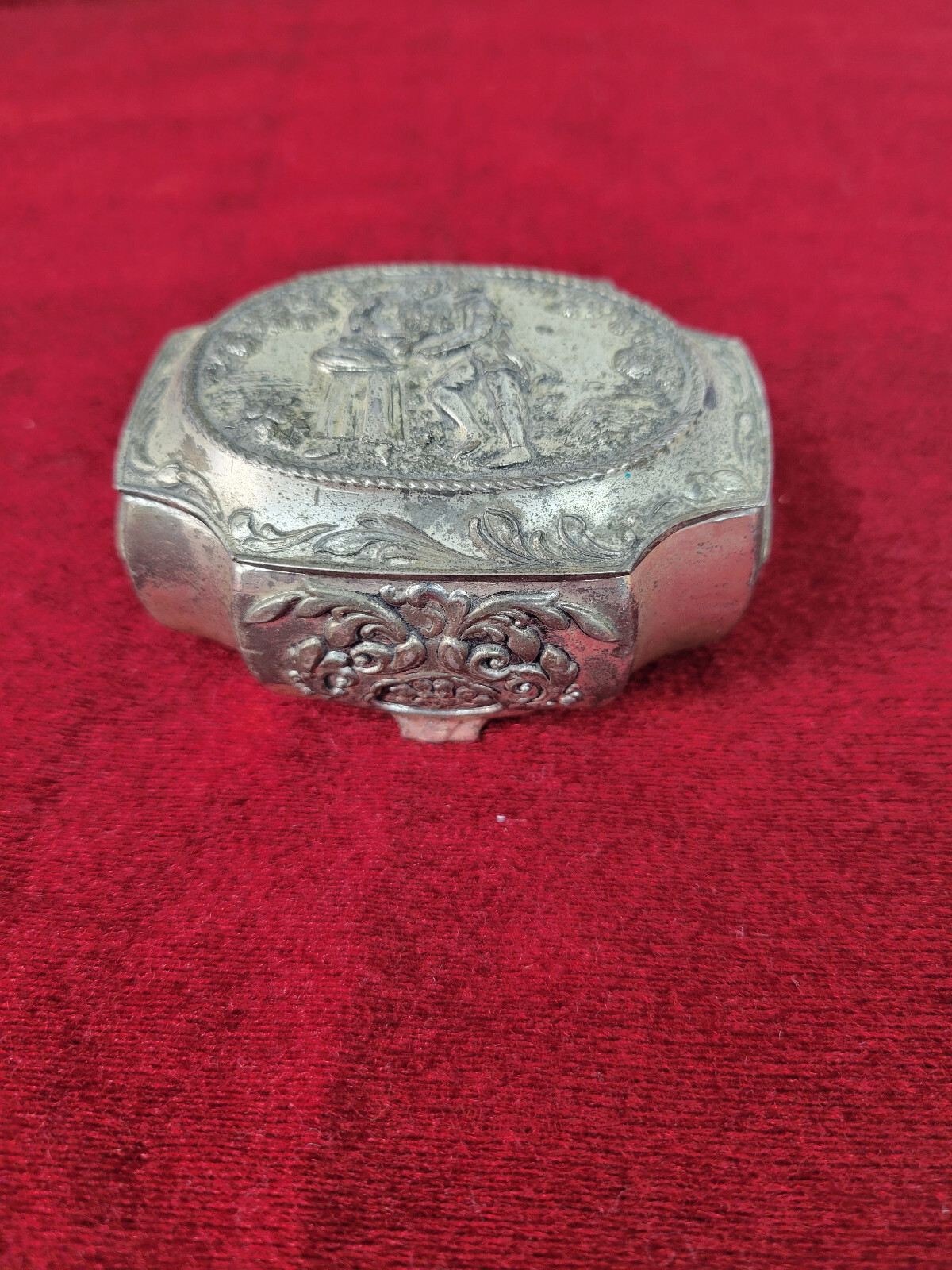 Vintage Japan Silver Metal Trinket Box With Red Velvet Lining 3
